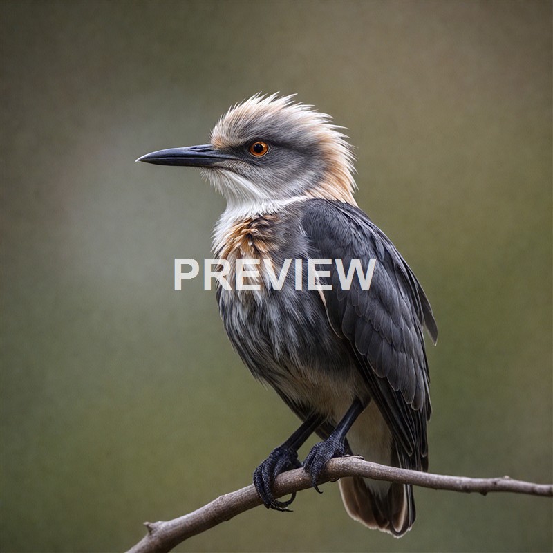 A detailed, close-up image of a bird with a sharp beak, grey and brown feathers, and orange eyes, perched on a thin branch against a blurred greenish background.